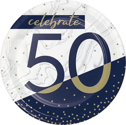 Trendware Navy and Gold 50th Birthday Dessert Plates, 24 ct