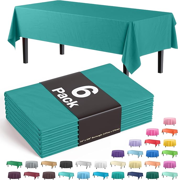 Exquisite Party Solids 6-Pack Premium Plastic Tablecloth 54in. x 108in. Rectangle Plastic Table Cover - Teal