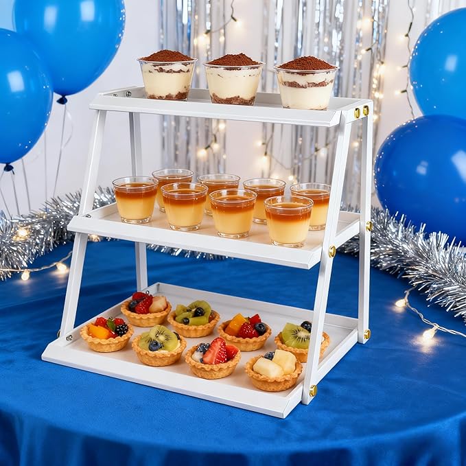 WWN Stainless Steel 3 Tier Cupcake Stand with Pink Coating - Elegant Dessert Tower- Cookie Tray Rack- Tea Party Serving Platter- Easy Assembly Pink Cake Stand for Wedding Baby Shower (crisp white)