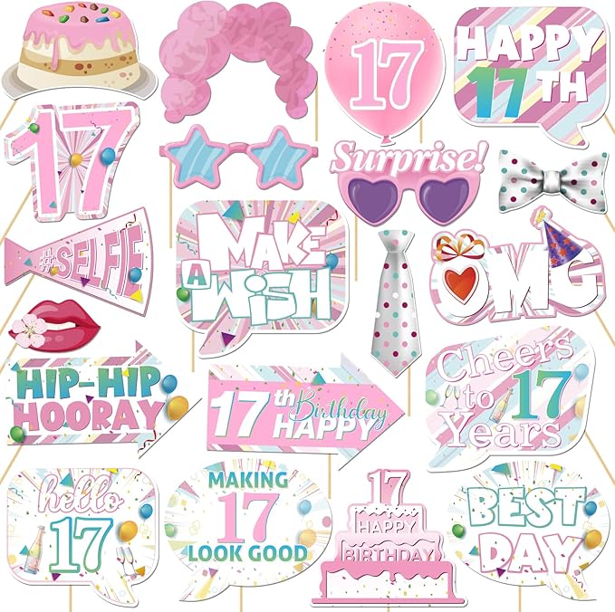 20 Pcs Girl 17th Birthday Photo Booth Props Kit, Pink 17th Birthday Party Selfie Decorations, Girl Teen's 17th Bday Party Photography Supplies