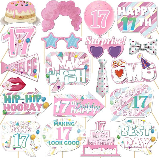 20 Pcs Girl 17th Birthday Photo Booth Props Kit, Pink 17th Birthday Party Selfie Decorations, Girl Teen's 17th Bday Party Photography Supplies