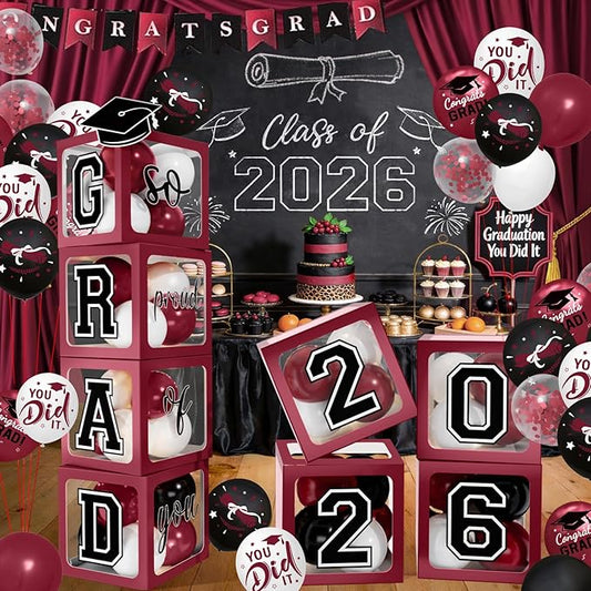 2026 Graduation Decorations - Maroon Balloon Boxes with Letters 2026 Grad & So Proud of You and Maroon Black White Print Balloons, Graduation Party Decorations Class of 2026 for Any Grades