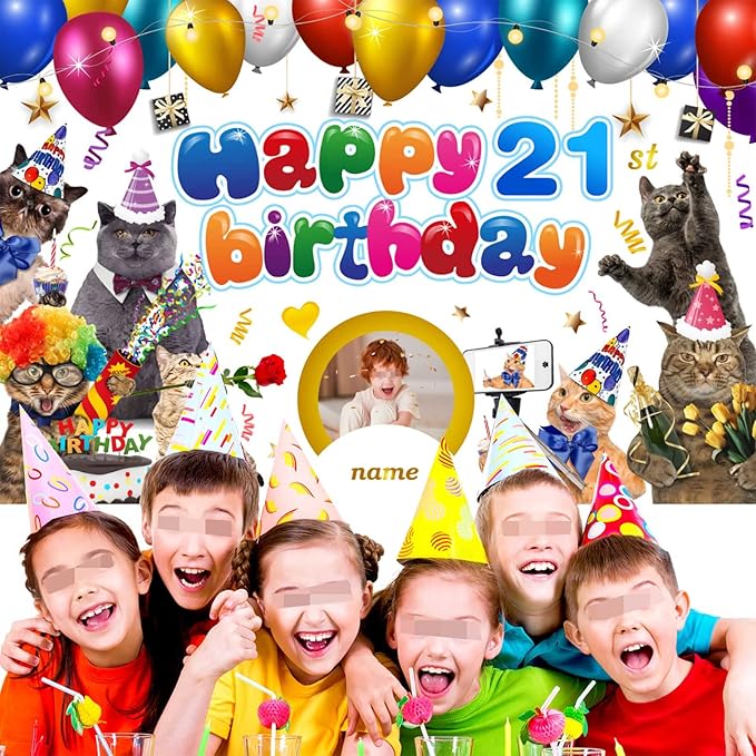 Custom Cat Theme 21st Birthday Decorations Banner - Personalized Fabric Banner for 21st Birthday Party Supplies