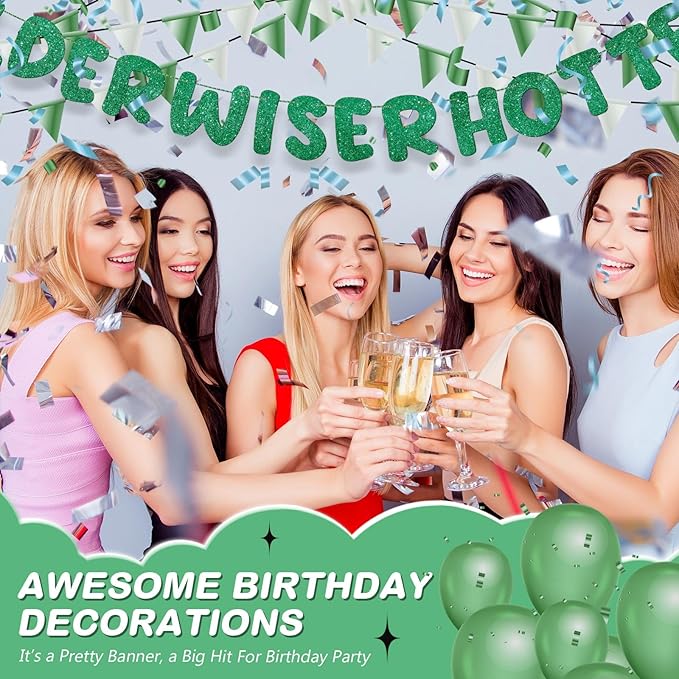 Fulmoon Set of 3 Pre Strung Older Wiser Hotter Glitter Banner Funny Birthday Banner for Women 30th 40th 50th 60th 70th 80th Birthday Party Decorations Sign Gift(Green)