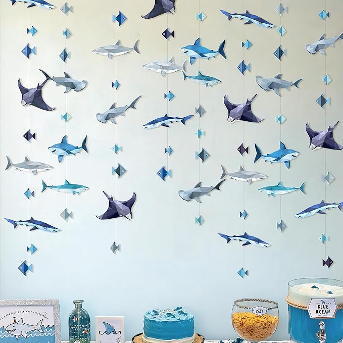 Cheerland Shark Party Decorations Shark Week Decorations Hanging Under the Sea Animals Garland Geometric Ocean Nautical Fish Birthday Decor Summer Fish Streamers Sea Creature Theme Backdrop Pack of 6