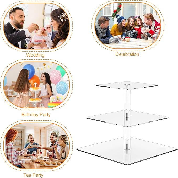 weddingwish 3 Tier Square Clear Acrylic Cupcake Stand, Clear Cupcake Display Stand Tower Tree, Tiered Cupcake Carrier Dessert Stands