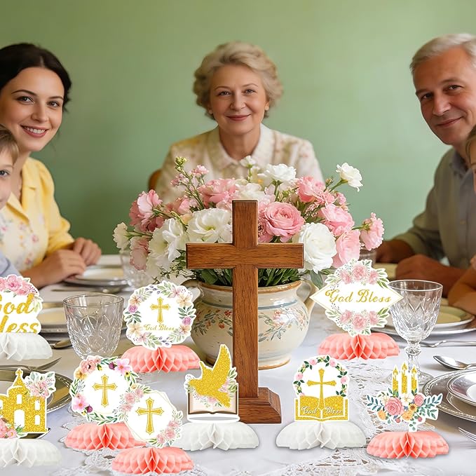 First Communion Centerpieces Baptism Decorations 9 Pcs, Cross & Flower Table Toppers Set, Confirmation Decor for Party, Primera Comunion Decoracion, First Holy Communion Favors Supplies