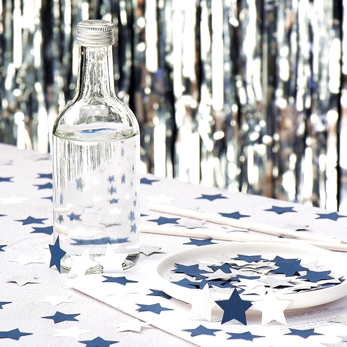 300pcs Navy Blue White Silver Confetti,Glitter Paper decor Twinkle Little Star Table Confetti,Birthday Graduation 2024 Fathers Day Wedding Baby Shower Party Decorations Circle Dots Lasting Surprise