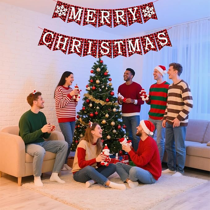 Merry Christmas Banner, Pre-Strung Buffalo Plaid Xmas Decorations, Merry Christmas Sign Indoor with Snowflake, Mantle Xmas Decor for Winter New Year Fireplace Hanging Sign