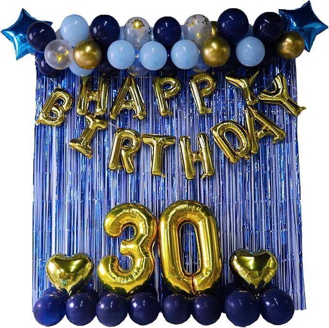 30th Birthday Decorations for Him 30 Balloon Numbers 30th Birthday Banner Blue Streamers Mens 30th Birthday Decorations