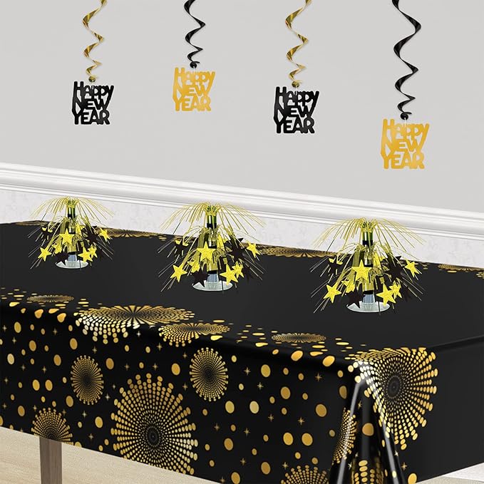Beistle S54669BKGDAZ3 Star Mini Cascade Centerpieces 7.5" (Black/Gold), Pack of 3