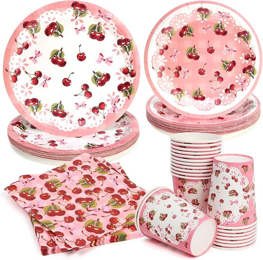 80pcs Cherry Party Plates Disposable Tableware Set Red Paper Plates for 20 Guests Kids Party Picnic Wedding Tea Party Table Supplies (Include Plates, Cups and Napkins)