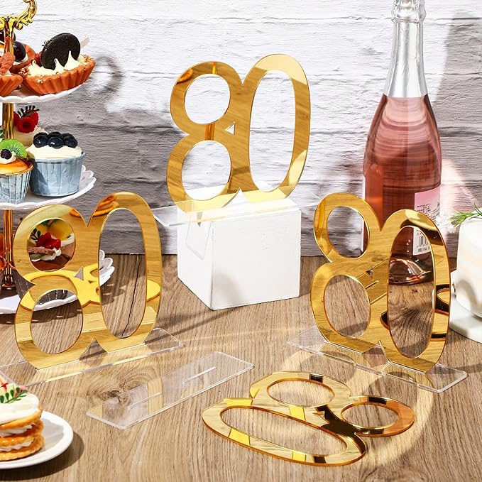Threehoney 6 Pcs Mirror Gold 80th Birthday Decorations for Men and Women Acrylic Anniversary Decorations Table Numbers Centerpieces for Birthday Party