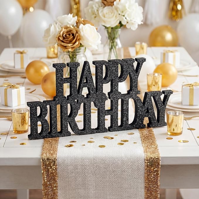 Novabright Happy Birthday Sign Centerpieces for Table Birthday Party Decorations for Women Bday Birthdays Themed Celebration Party Supplies(Black,Glitter)