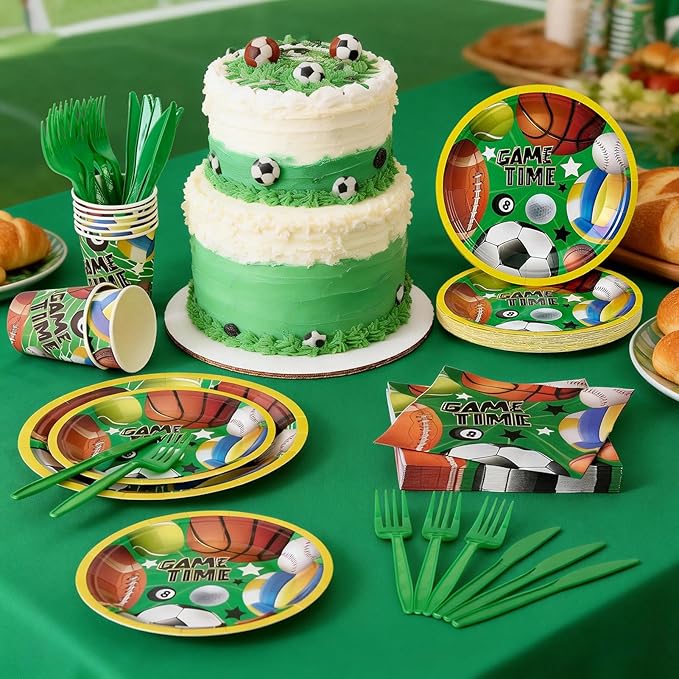 144Pcs Sport Ball Birthday Party Supplies Decorations Ball Themed Paper Plates Napkins Vintage Party Tableware Disposable Dinnerware for Men Boy Birthday Baby Shower Table Decor, Serve 24
