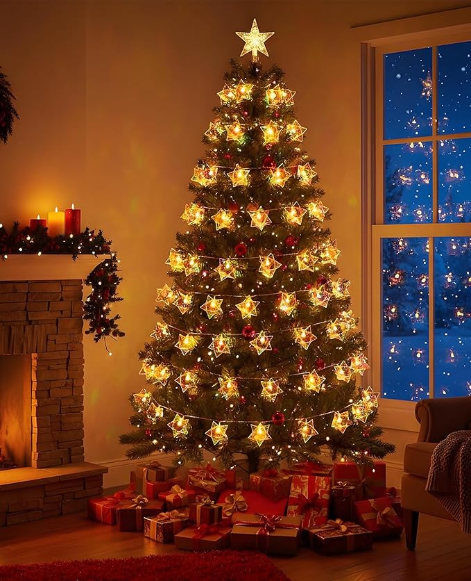 AceList 10ft 20-LED Holographic Star String Lights – Perfect for Home Decor, Intimate Gatherings, Seasonal Celebrations, Christmas Gifts, Halloween, Birthday Decorations(Warm White)