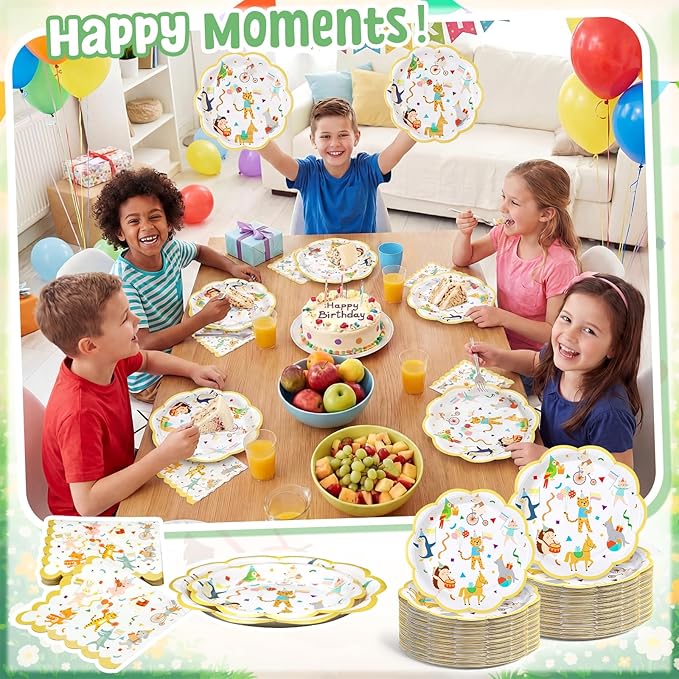 Yungyan 60 Pcs Animal Parade Party Plates Set Including 9 Inch and 7 Inch Disposable Paper Plates with Cute Disposable Napkin for Birthday Baby Shower Party Zoo Theme Fun to Be One Birthday Decoration