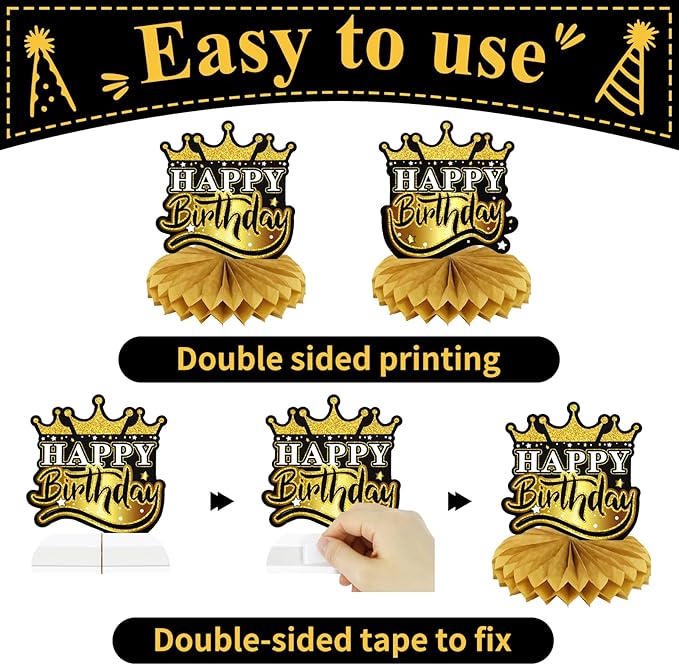 9 PCS Happy Birthday Party Table Decorations | Black and Gold Birthday Center Pieces for Table | Birthday Honeycomb Table Centerpieces | Reusable Birthday Table Toppers for Girls Boys Women Men