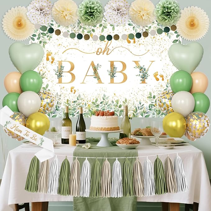 Sage Green Baby Shower Decorations, Oh Baby Neutral Gender Reveal Party Decor Kit With Backdrop, Balloons, Pom Poms, Tassels Garland, Mom To Be Sash & Circle Dots Garland For Baby Girls Boys