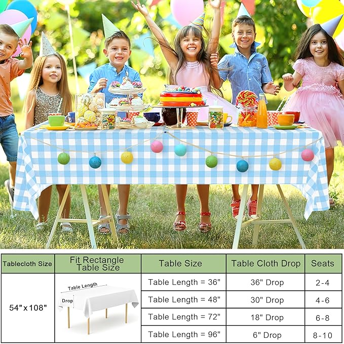 misaya 4 Packs Buffalo Disposable Table Cloth, 54 x 108 Inch Waterproof Plastic Tablecloth, Rectangle Baby Blue and White Checkered Table Covers for Picnic, Birthday, Party