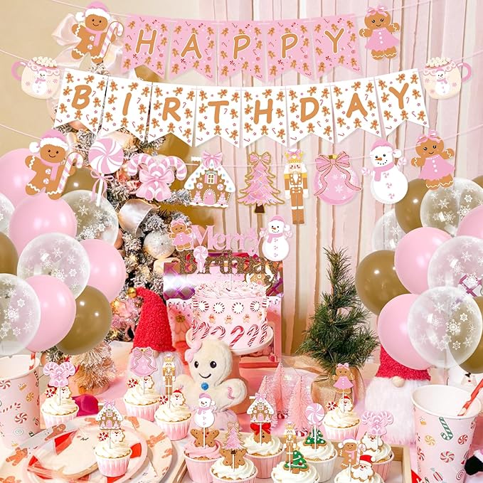 K KUMEED Pink Gingerbread Man Theme Party Decorations,Christmas Happy Birthday Banner Hot Cocoa Mug Candy Cake Topper Latex Balloons for Baby Shower Birthday Party Supplies