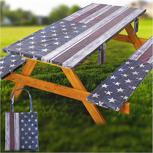 Fitted Picnic Table Cover with Bench Covers Waterproof Elastic Edges Rectangle Patio Tablecloth Outdoor Camping Essentials Stuff Rv Accessories Summer Trip Travel Supplies Party Camper Gifts, 6 ft