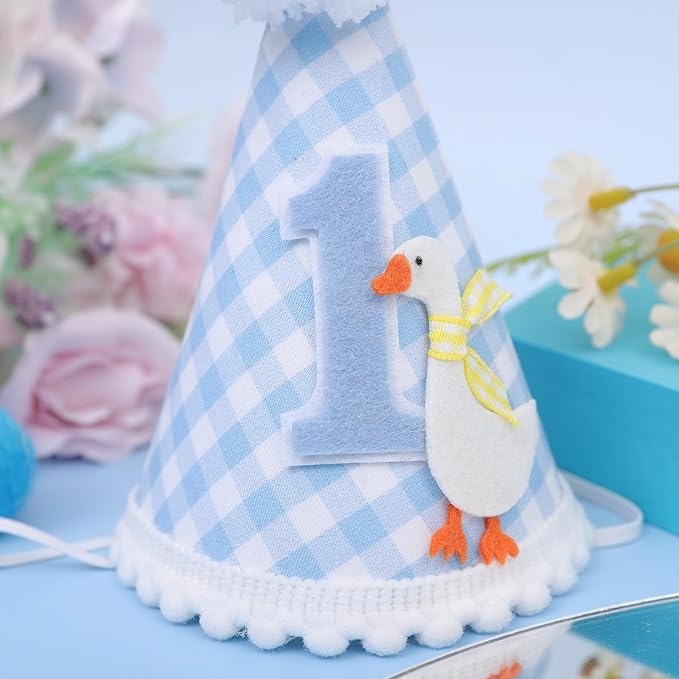 One Funny Goose Birthday Hat - Goose 1st Birthday Decorations, Blue Gingham 1st Bday Party Hat for Boys, One Goosie First Bday Crown