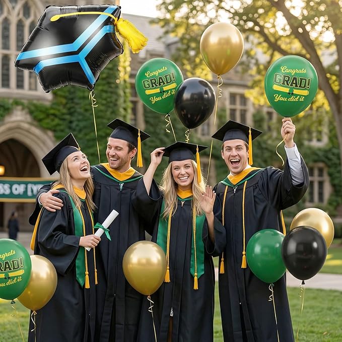 Green Black Graduation Balloons, Dark Green Gold Black Balloons with Cap Foil Grad Printed Balloon for Class of 2026 Graduation Decorations Celebration Party