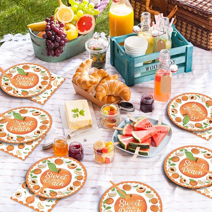chiazllta 96 Pcs Peaches Party Decorations Peach Fruit Paper Plate and Napkins Fruit Theme Birthday Disposable Tableware Sweet as a Peach Party Supplies Party Favors for 24 Guests