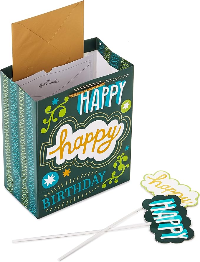 Hallmark 9" Medium Birthday Gift Bag with Tissue Paper and Mini Signs (Happy Happy Birthday, Green, Grey, Blue Hand lettering)