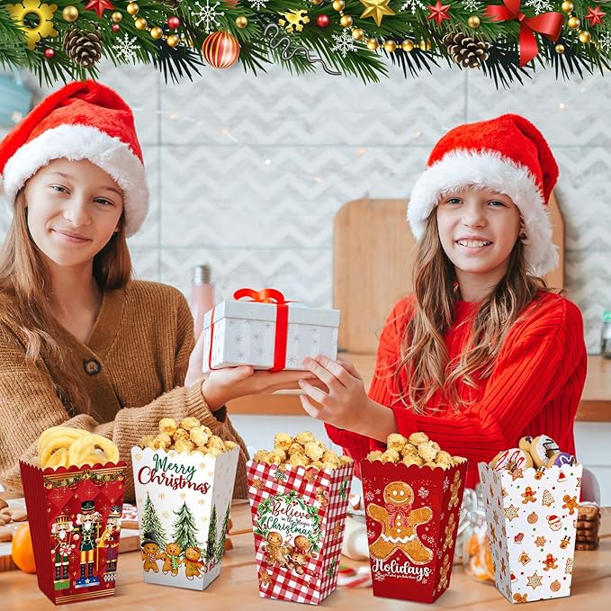 Gueevin 60 Pcs Christmas Popcorn Boxes Gingerbread Man Treat Boxes Candy Cookie Holder Container for Christmas Party Favors Supplies Decorations
