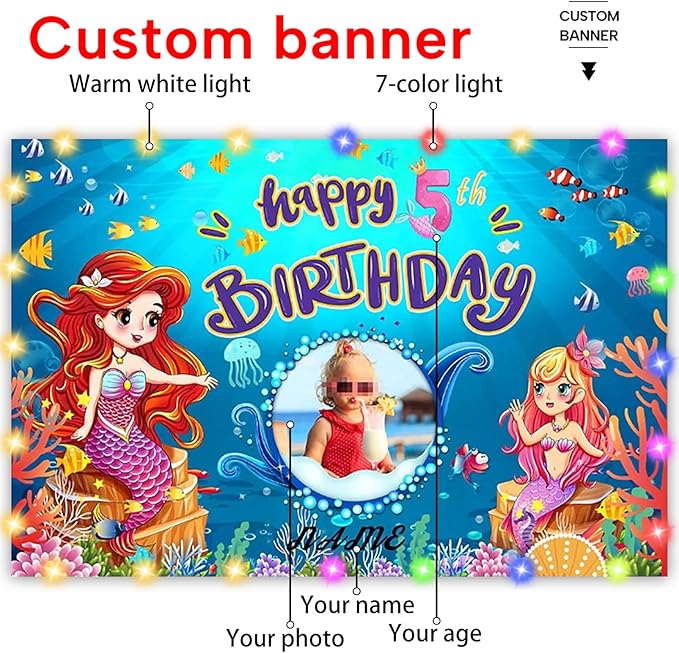 Dicodes Custom Mermaid Theme Birthday Decorations Banner - Personalized Fabric Banner for Birthday Party Supplies