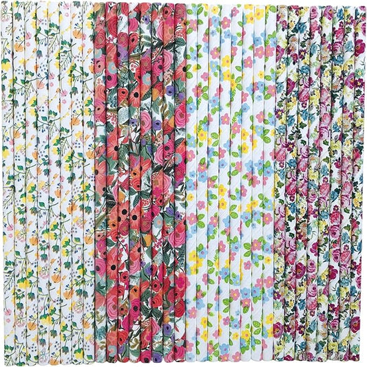 100 pcs Colorful Flower Paper Straws, Vintage Colored Multi Floral Leaf Drinking Straws, Garden Tea Party Spring Summer Wedding Girl Baby Bridal Shower Bar Disposable Cake Pop Sticks (Let’s Par-Tea)