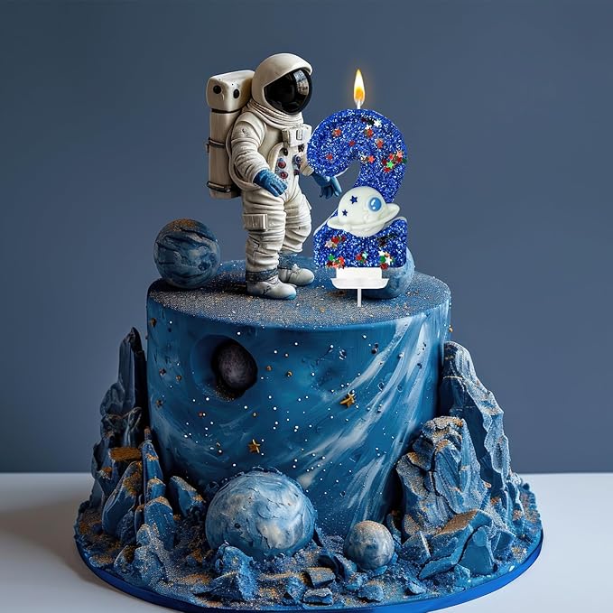 HXOUSE Spaceship Number 2 Birthday Candles - Outer Space Universe Birthday Candles for Cake, 2 Candle Topper for Anniversary Celebrations, Astronaut Rocket Party Decorations for Boys