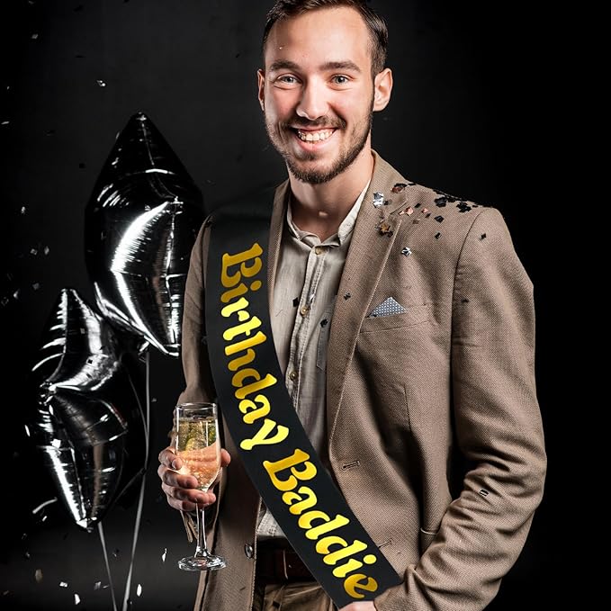 Birthday Baddie Sash with Gold Foil, Black Funny Birthday Sash for Women and Men Official Teenager Sweet 16, 18th 21st 30th 40th 50th or Any Other Bday Party Decorations, Gifts