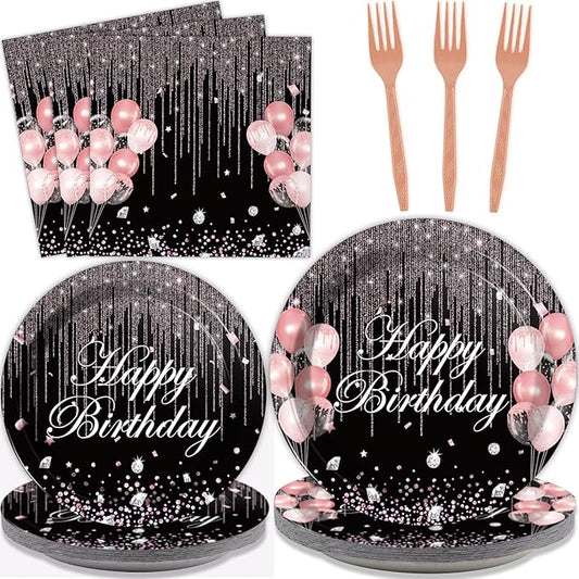 Chiazllta 96 Pcs Black & Rose Gold Party Paper Plate and Napkins - Pink Rose Gold Birthday Party Table Decoration Supplies - Pink Glitter Paper Plate Napkin Fork for 24 Guests