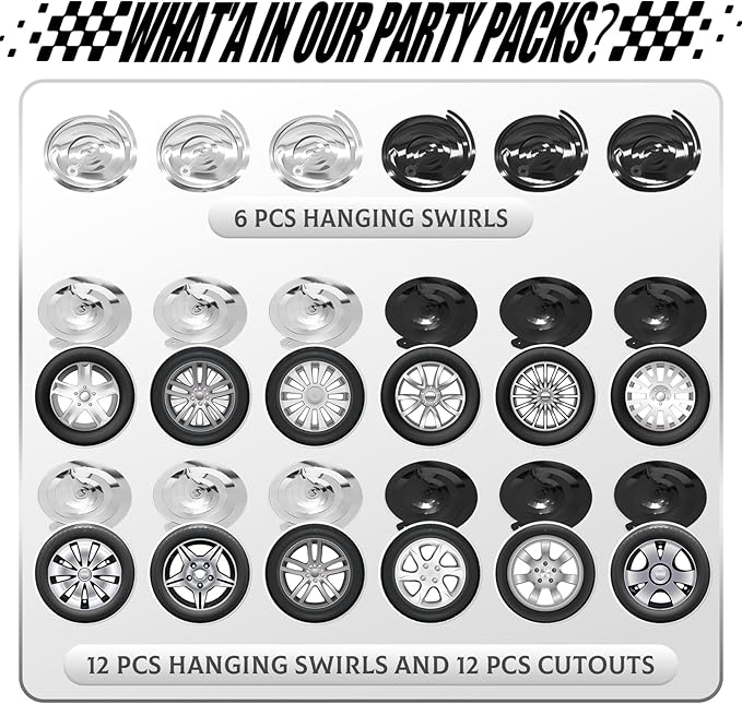 Race Car Party Decorations - 30Pcs Racing Car Wheel Hanging Swirls Wheel Tire Ceiling Hanging Streamers for Race Theme Birthday Party Supplies