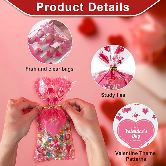 Aegero Valentines Cellophane Bags 120pcs Valentines Candy Bags with 140pcs Twists for Valentine's Candy Cookie Goodie Snack Bag for Valentines Day Wedding Party Favor Supplies,Classroom Parties Valentine01-LOVE