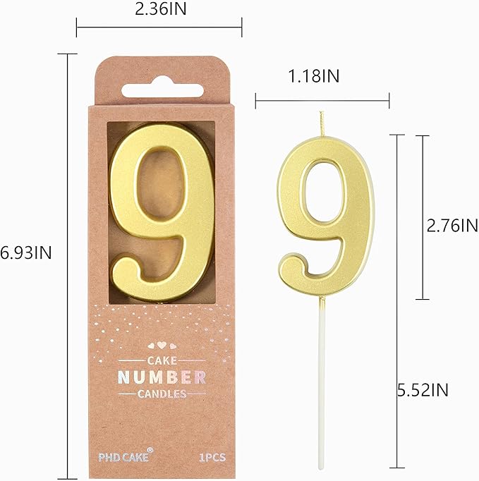 PHD CAKE 2.76 Inch Modern Gold 9 Number Birthday Candles, Gold Number Candles, Cake Number Candles, Party Celebration