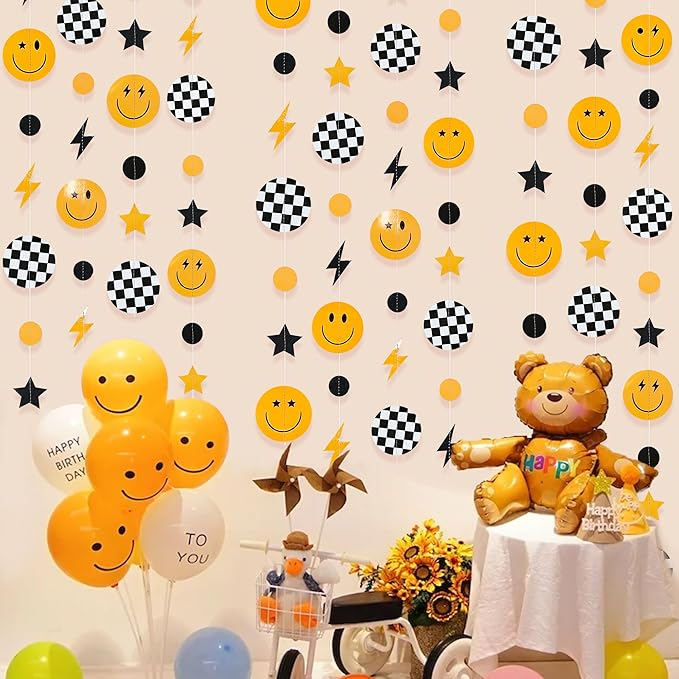 One Happy Dude 1st Birthday Decorations Black Yellow Smile Face Lightning Star Checkered Circle Dot Smiley Face Garland Streamer for Baby Shower First Birthday Wedding Hippie Party Decoration Supplies