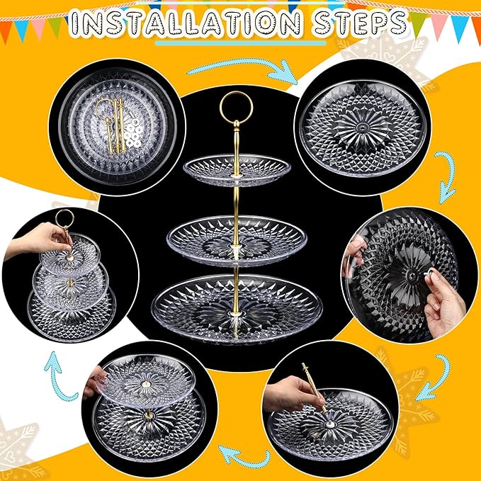 Patelai 8 Packs 3 Tier Crystal Acrylic Clear Cake Stand with Gold Round Holder Acrylic Cupcake Stand Holder for Home Wedding Holiday Birthday Baby Shower Tea Party (Clear)