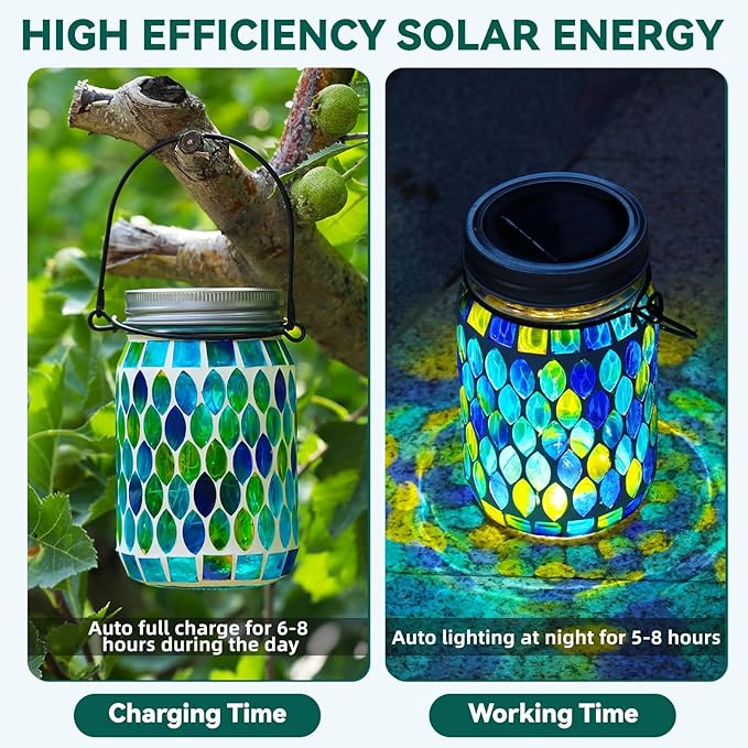 VOREEN Solar Powered Mosaic Mason Jar Lights, Colorful Stained Glass Lanterns for Outdoor Garden Decor, 2 Pack
