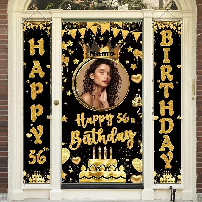 Custom Photo Birthday Banner Set Personalized Name Door Banners Fabric Backdrop Birthday Decorations Party Supplies Background for Indoor Outdoor Front Door Sign(Black and Gold)