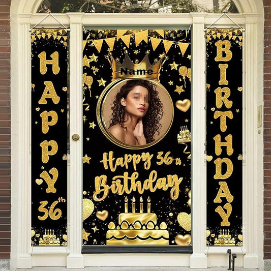 Custom Photo Birthday Banner Set Personalized Name Door Banners Fabric Backdrop Birthday Decorations Party Supplies Background for Indoor Outdoor Front Door Sign(Black and Gold)