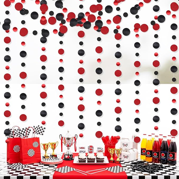 Outus 10 Pieces Black,Red Round Dots Garland Graduation Party Hanging Decor Each Length 13.1ft Glitter Paper Dot Streamers for Birthday Wedding Classroom Supplies