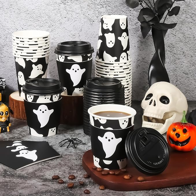 AimFun 50Pcs Halloween Ghost Disposable Coffee Cups with Lids and Sleeves 8oz Ghost Spooky Paper Party Cups Black White Boo Cold Hot Drinking Cups for Birthday Halloween Party Supplies (Black Ghosts)