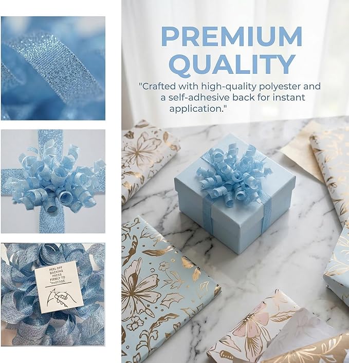 self-Adhesive Curly Ribbon for Gift Wrapping - Elegant Bows for Gift Wrapping, Presents, Paper Bag, Baby Shower Favors, Wrapping Accessories, Wedding Decor (Blue)