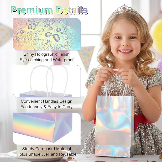 Abeillo 48 Pcs Reusable Paper Gift Bags with Handle, Iridescent Gift Bag Glossy Holographic Goodie Bag Gifts Handbag Bulk for Baby Shower Christmas Birthday Party Favor, 8.3 x 4.7 x 3.1 Inch