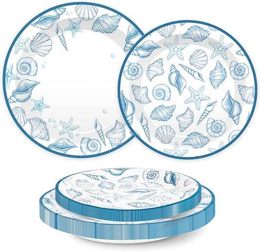 FYSUIMU 50 Pcs Ocean Paper Plates Blue Seashell Disposable Plates 7 & 9 Inch Summer Sea Beach Theme Dessert Plate for Birthday Baby Shower Wedding Party Tableware Supplies