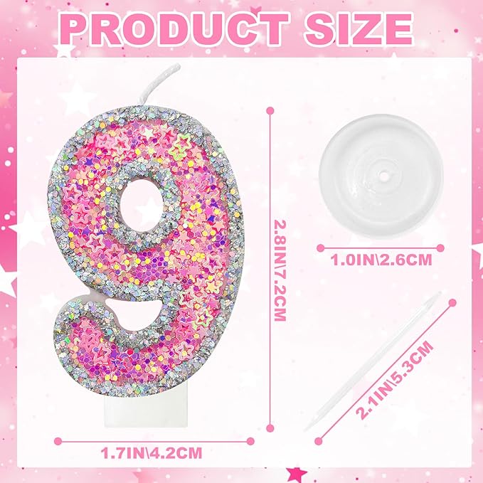 Number 9 Birthday Candle for Cake – Silver Glitter Edge with Pink Star Confetti – Decorative Number Cake Topper for Anniversary & Celebration Party Decor